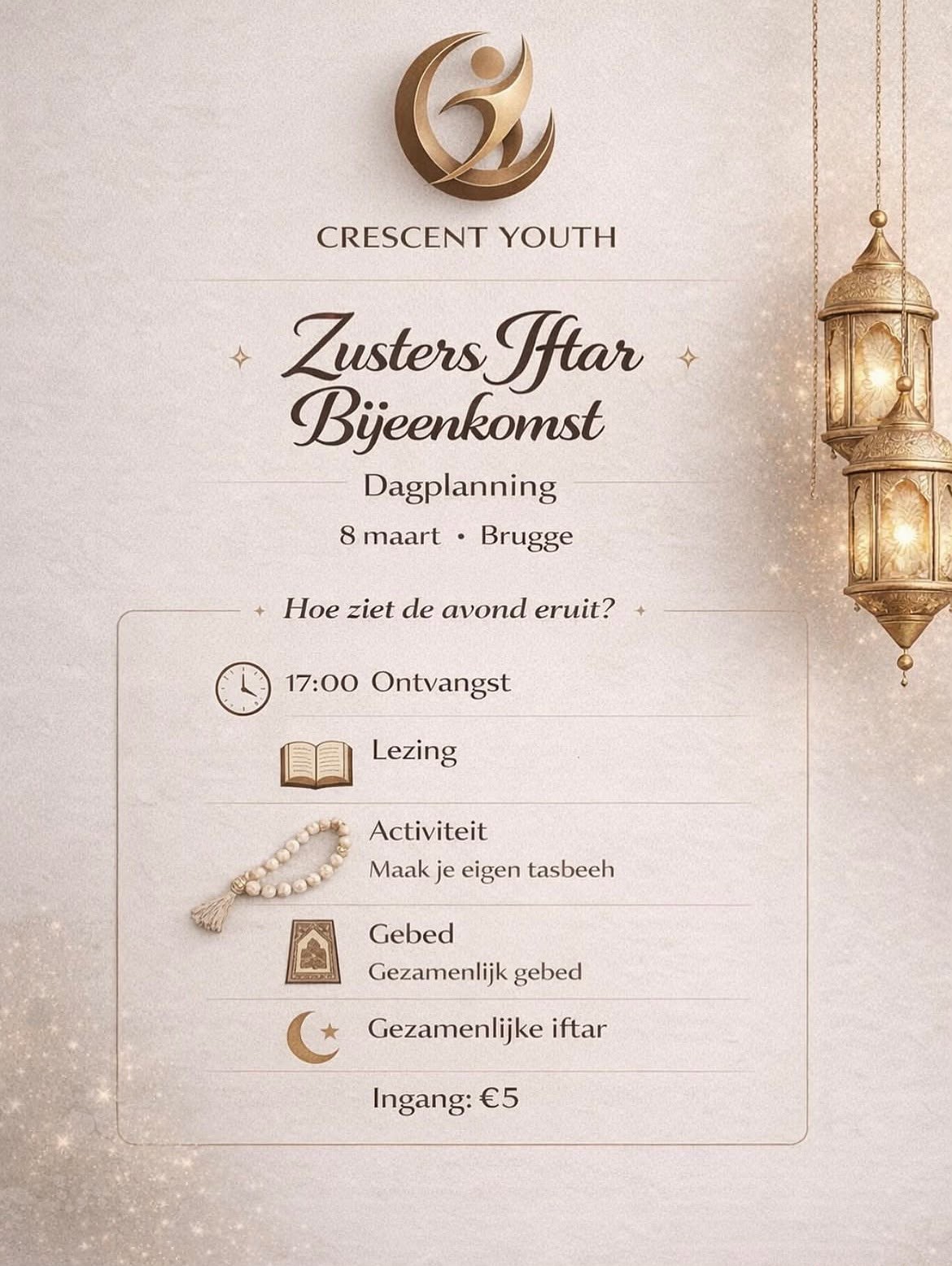 Poster van de Zusters Iftar bijeenkomst op 8 maart in Brugge